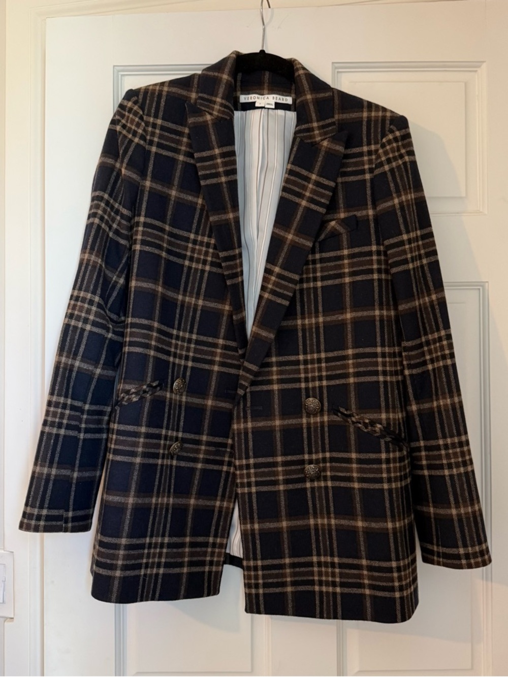 Veronica Beard Oria Dickey Plaid Checked Navy Brown Beige Blazer Jacket